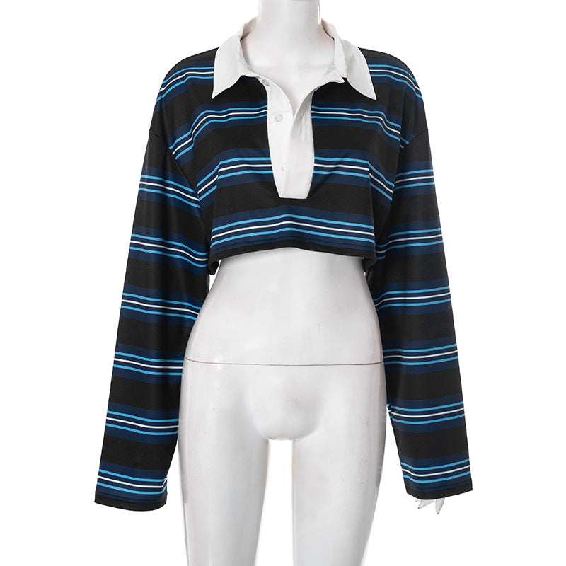 Autumn New Pullover Stripe Polo Collar Short Long Sleeve