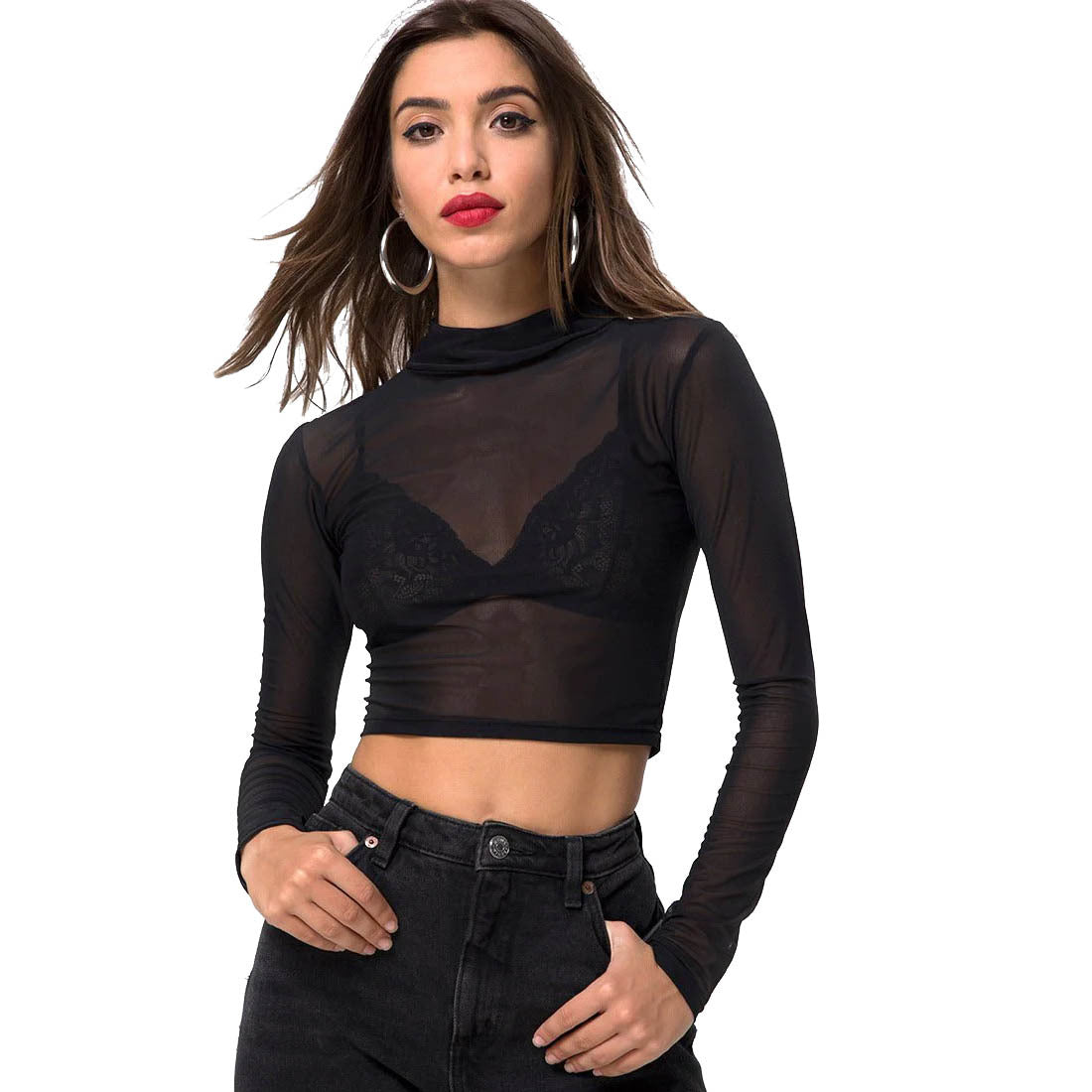 Enkel Og Sexet Slim-fit Gennemsigtig Stram Langærmet Mesh Top Til Kvinder