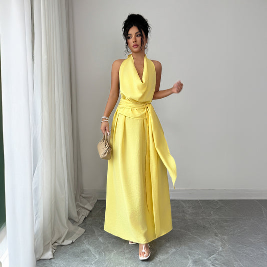 Womens Solid-Color Elegant French-Style Resort Halter Dress