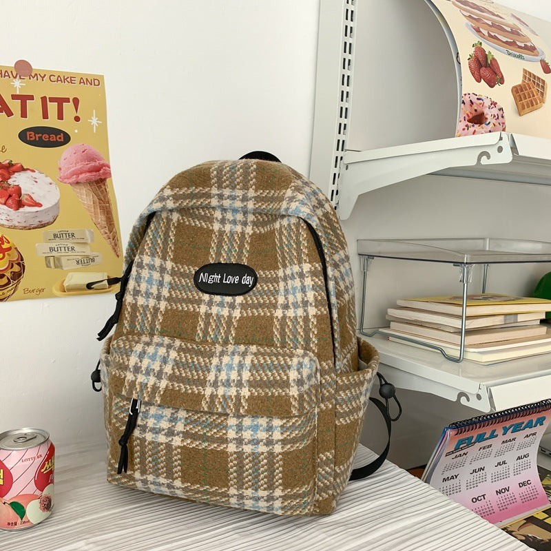 Retro Easy Matching Woolen Checked Backpack