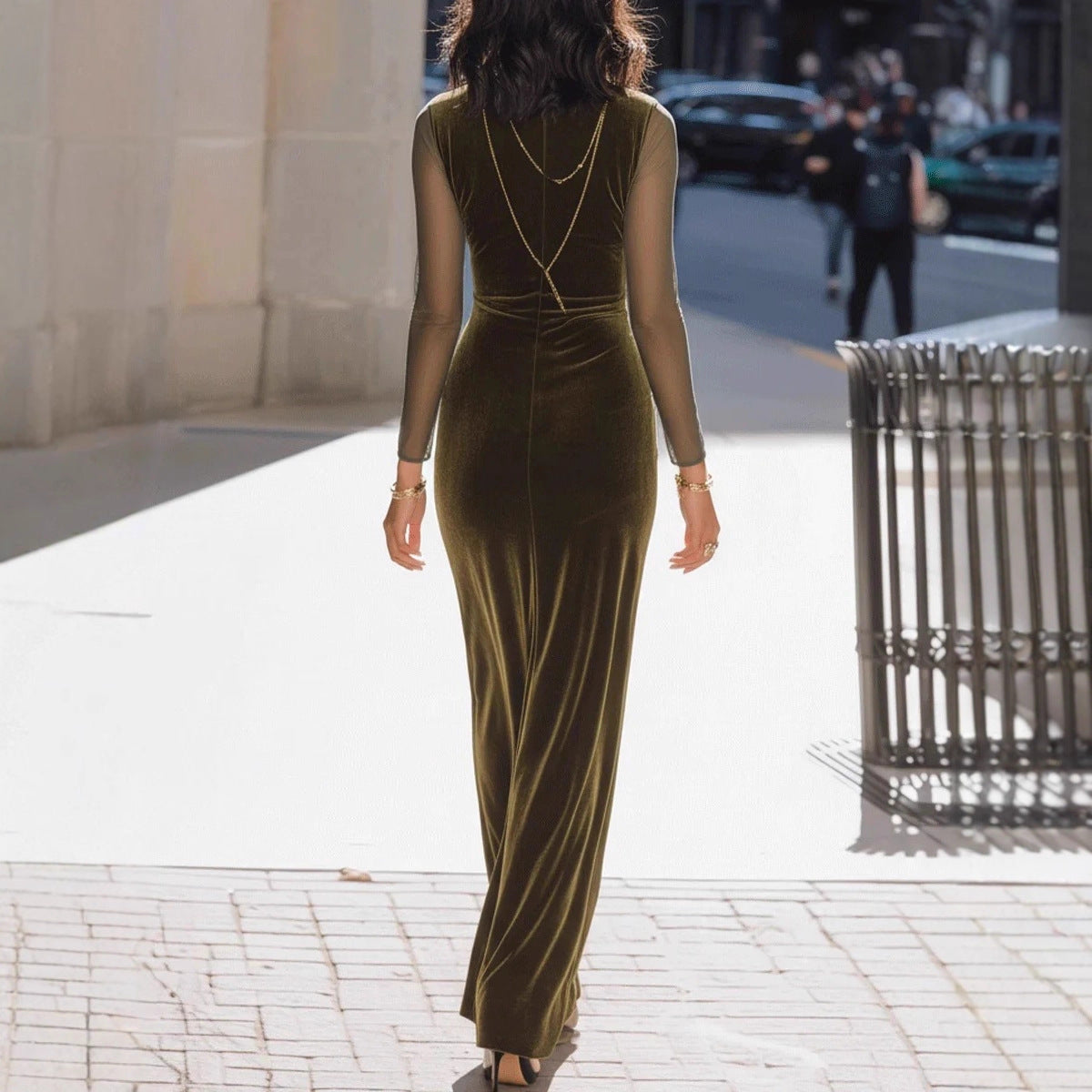 Solid-color Long A-line Skirt With A Mesh Fabric And Round-neck Pullover Design