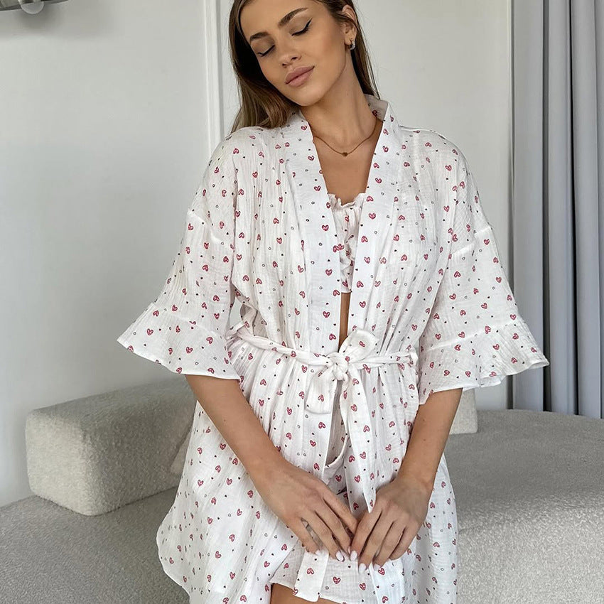 Heart-printed Pure Cotton Pajama Set Featuring Long-sleeve Tube Top And Shorts
