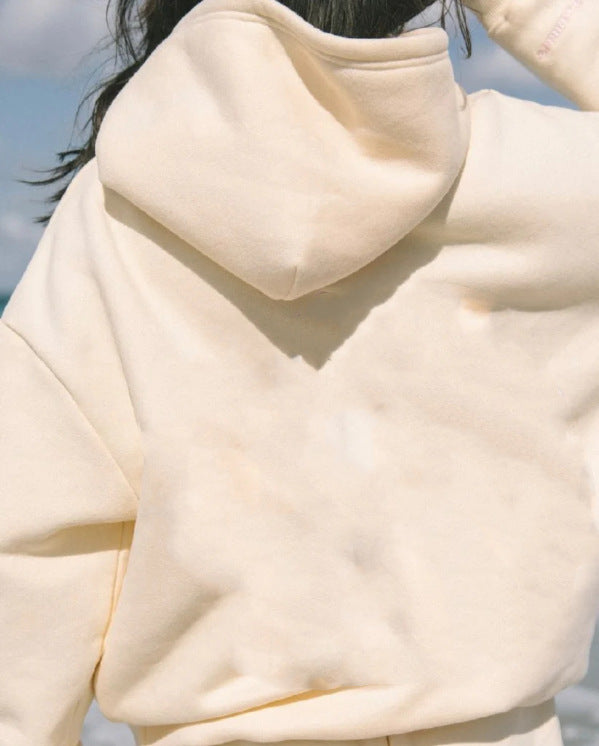 Women's Fleece-lined Bathroom Solid Color Clothing Word Kangaroo Pocket Drawstring Hoodie