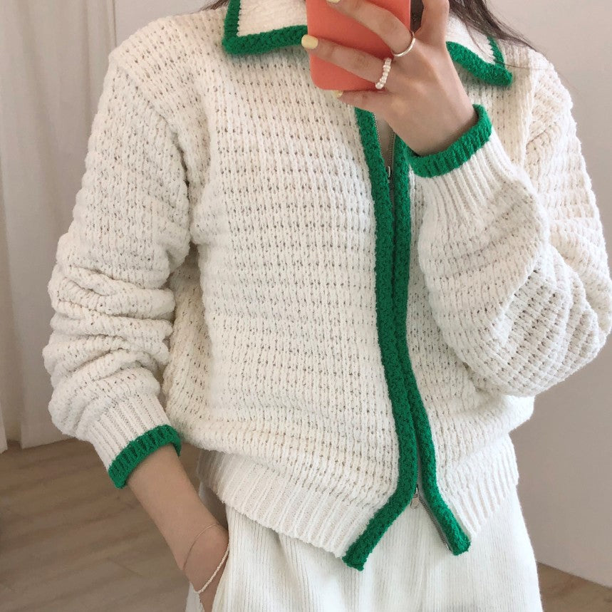 Contrast Thick Needle Zipper Cardigan Sweater Coat Women's Vintage Lapel