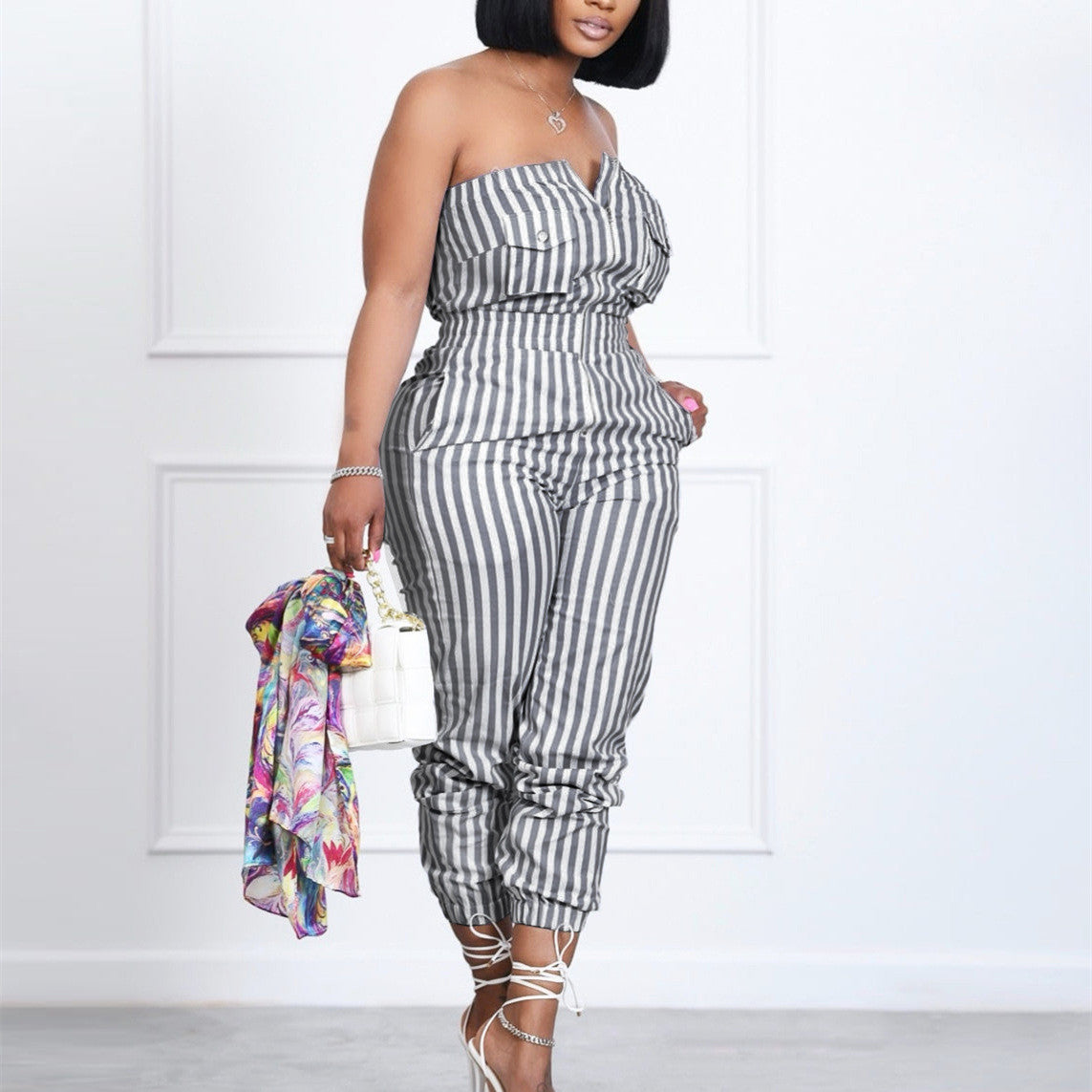Fashion Ladies Striped Tube Top Jumpsuit
