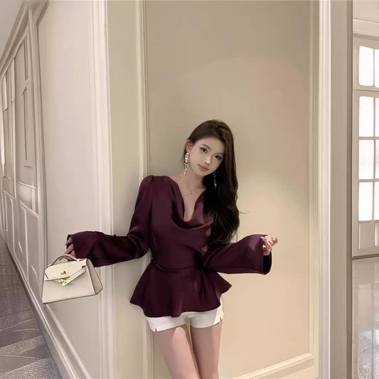 Women's Spring Flared Puff Sleeve Swing Collar Shirt