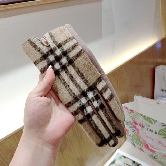 Color Plaid Wool Plus Velvet Thick Five-finger Gloves