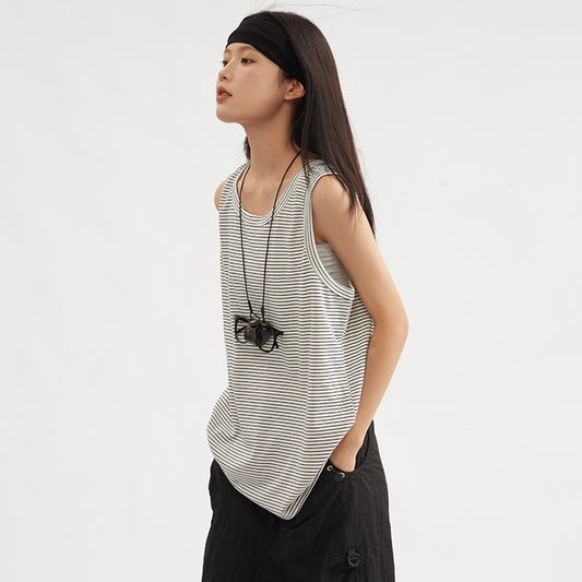 Striped Vest Short Sleeve Women's Loose Slimming Heavy Sleeveless