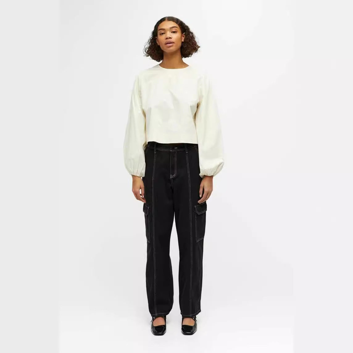 Fashion Inside-out Wear Bow Solid Color Pleating Long Sleeve Top