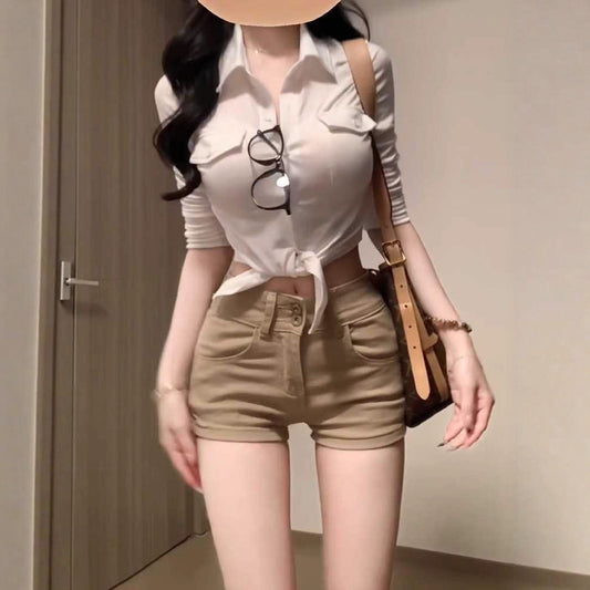 Khaki Double-Button Denim Shorts Women's Summer Style