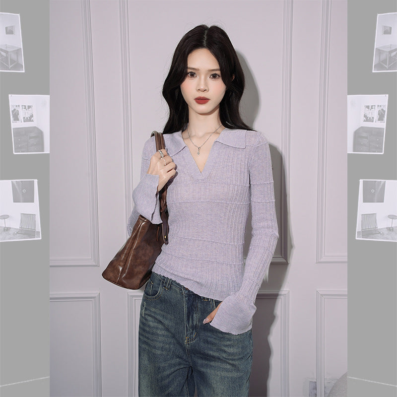 Women's Slim Fit Inner Wear Lapel Knitted T-shirt