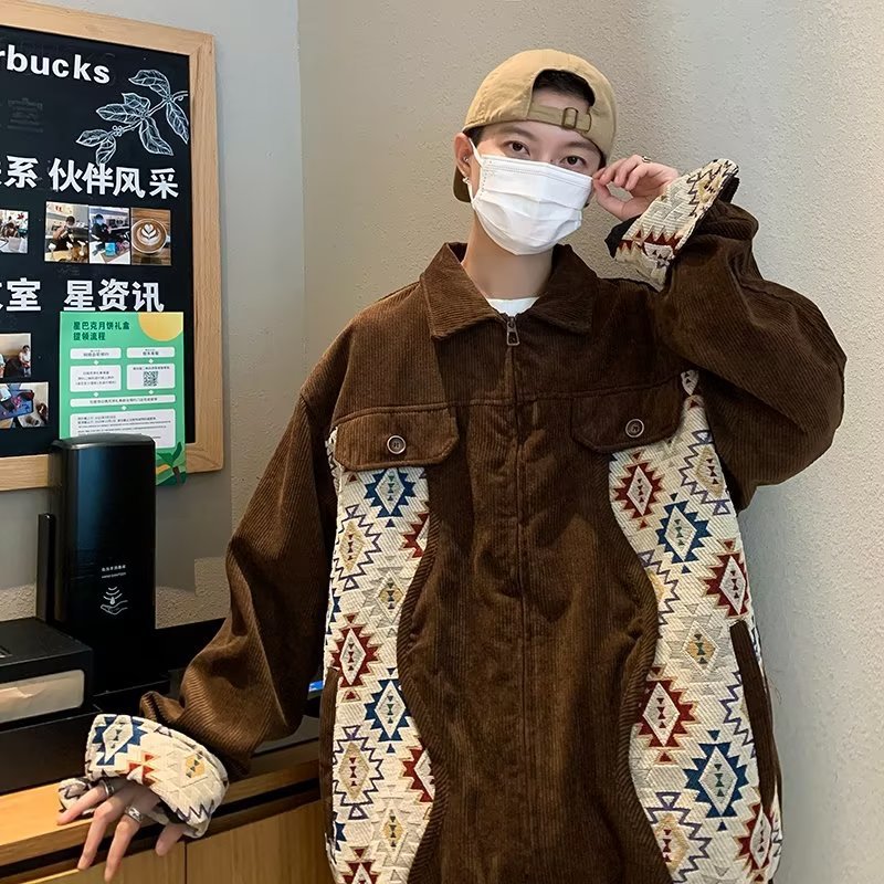 American Retro Ethnic Style Stitching Lapel Corduroy Jacket Design Sense Baseball Collar Coat