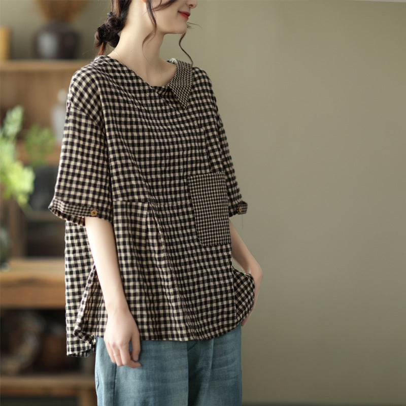 Loose Patchwork Cotton Plaid V-neck Short-sleeved T-shirt Women's Pullover