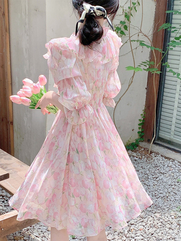 Fragmented Flowers Long Sleeve Dress Women's Spring