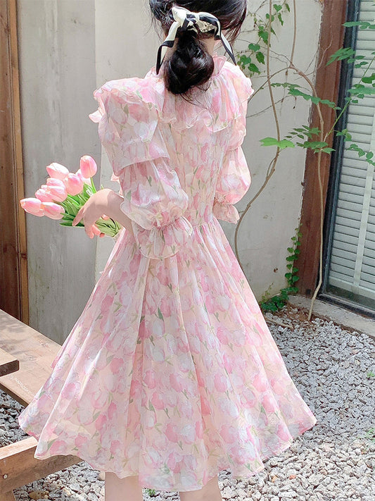 Fragmented Flowers Long Sleeve Dress Women's Spring