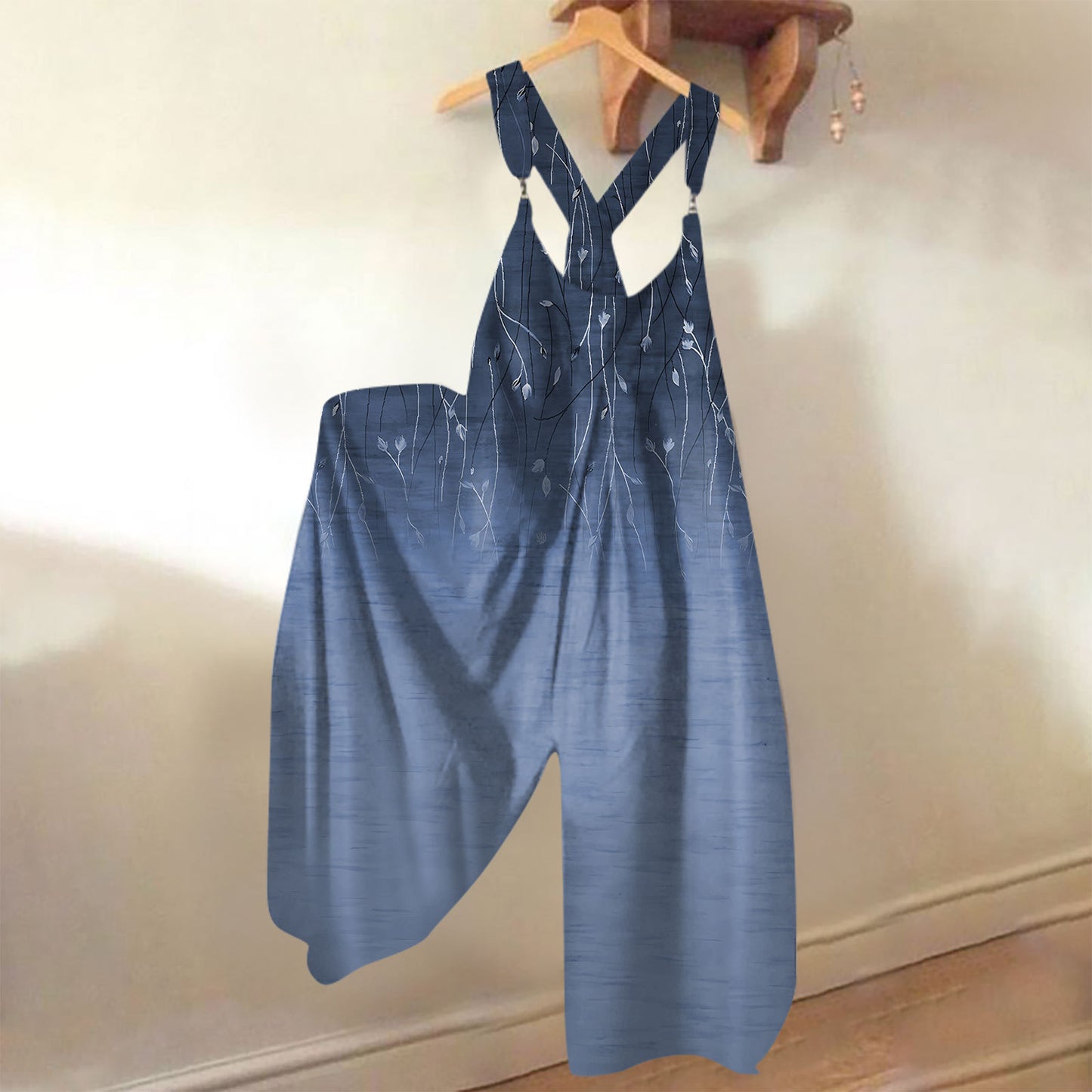 Women's Knitted Pocket Printed Loose Casual Jumpsuit