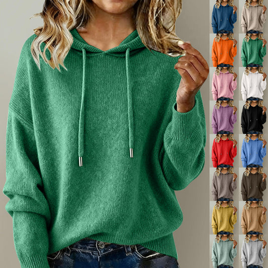 Womens Fashion Solid-color Loose Soft Hoodie With Drawstring