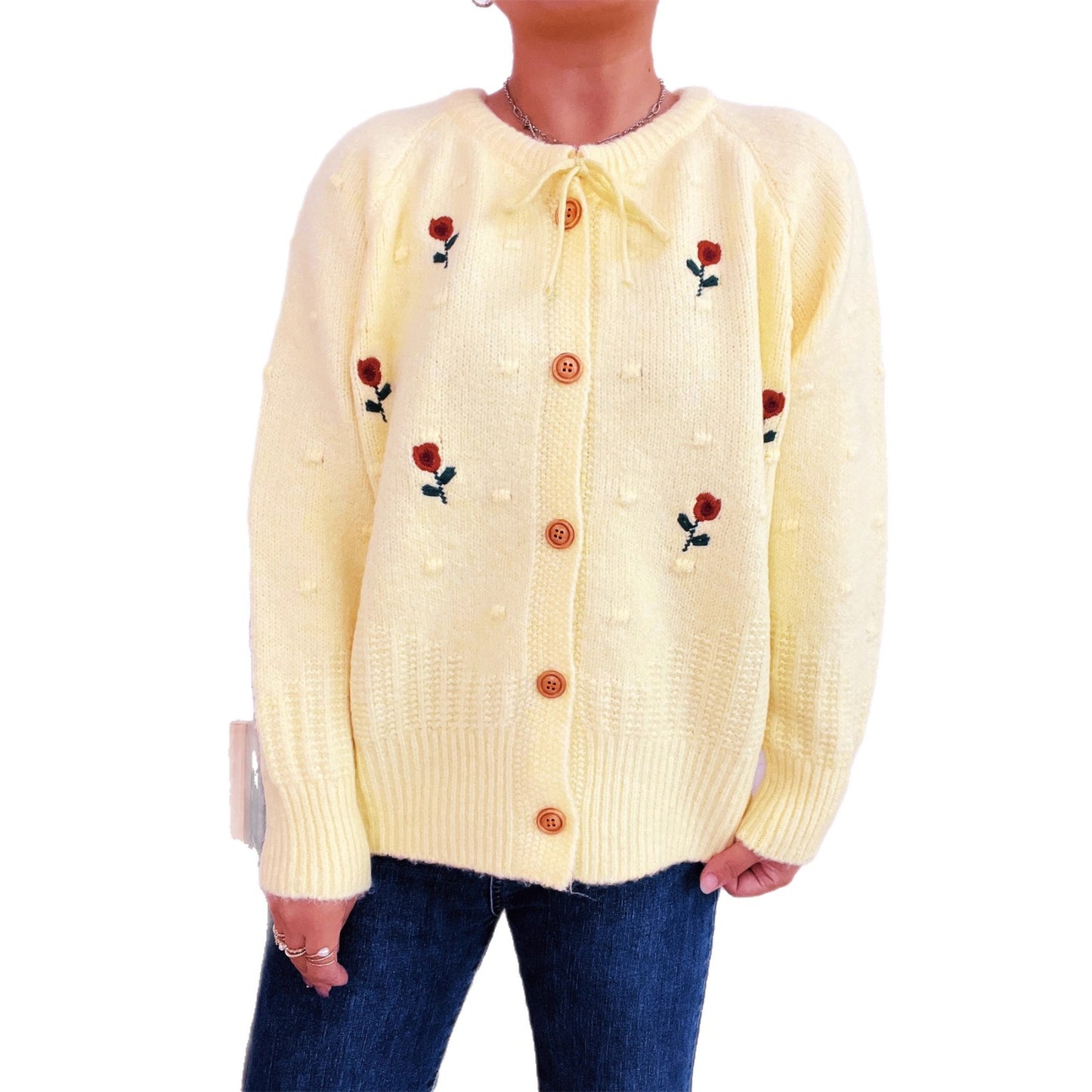 Flower Embroidery Bow Bandage Knitted Cardigan Single-breasted Sweater