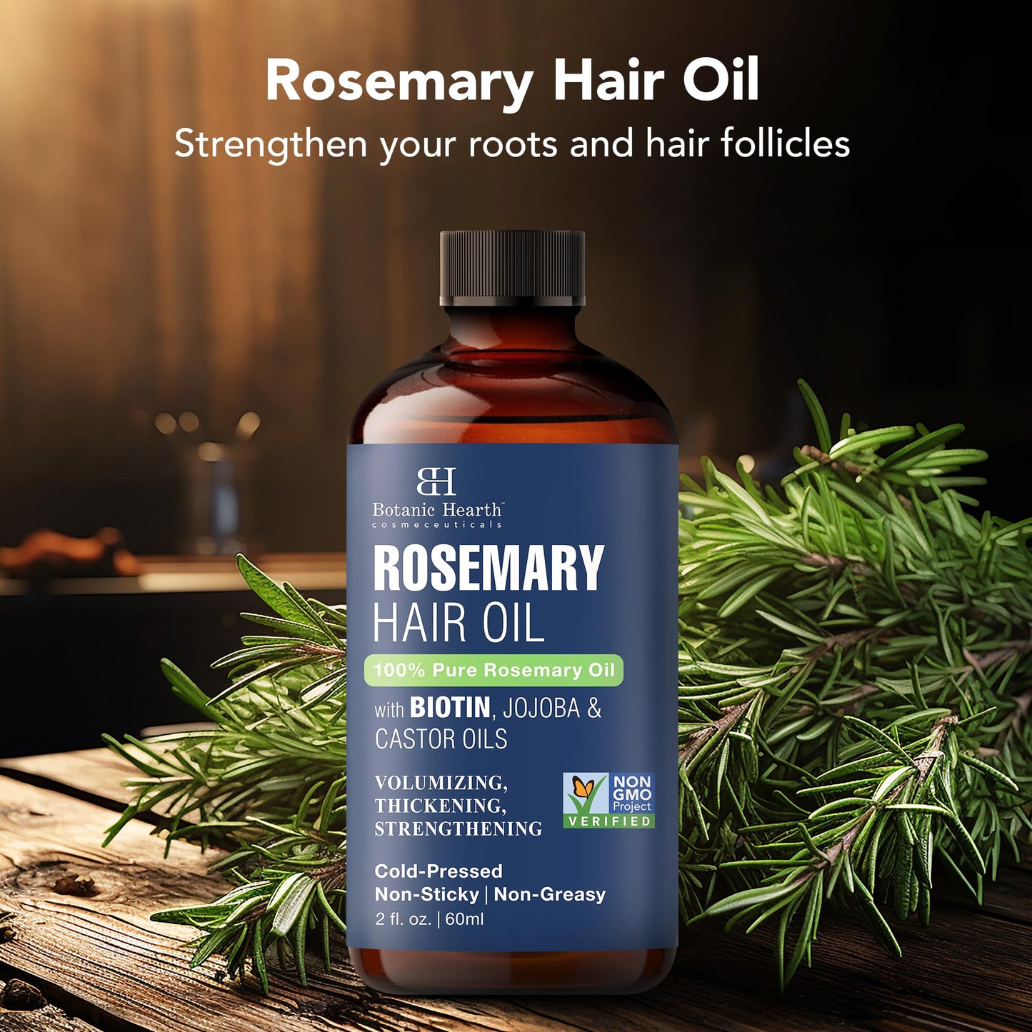 Botanic Hearth 100 % Pure Rosemary Oil för Hair Growth Infused with Biotin | Hårstränghetsbehandling | närande och volym | Med Jojoba olja & Castorolja | Icke-GMO verifierad | 2 fl oz