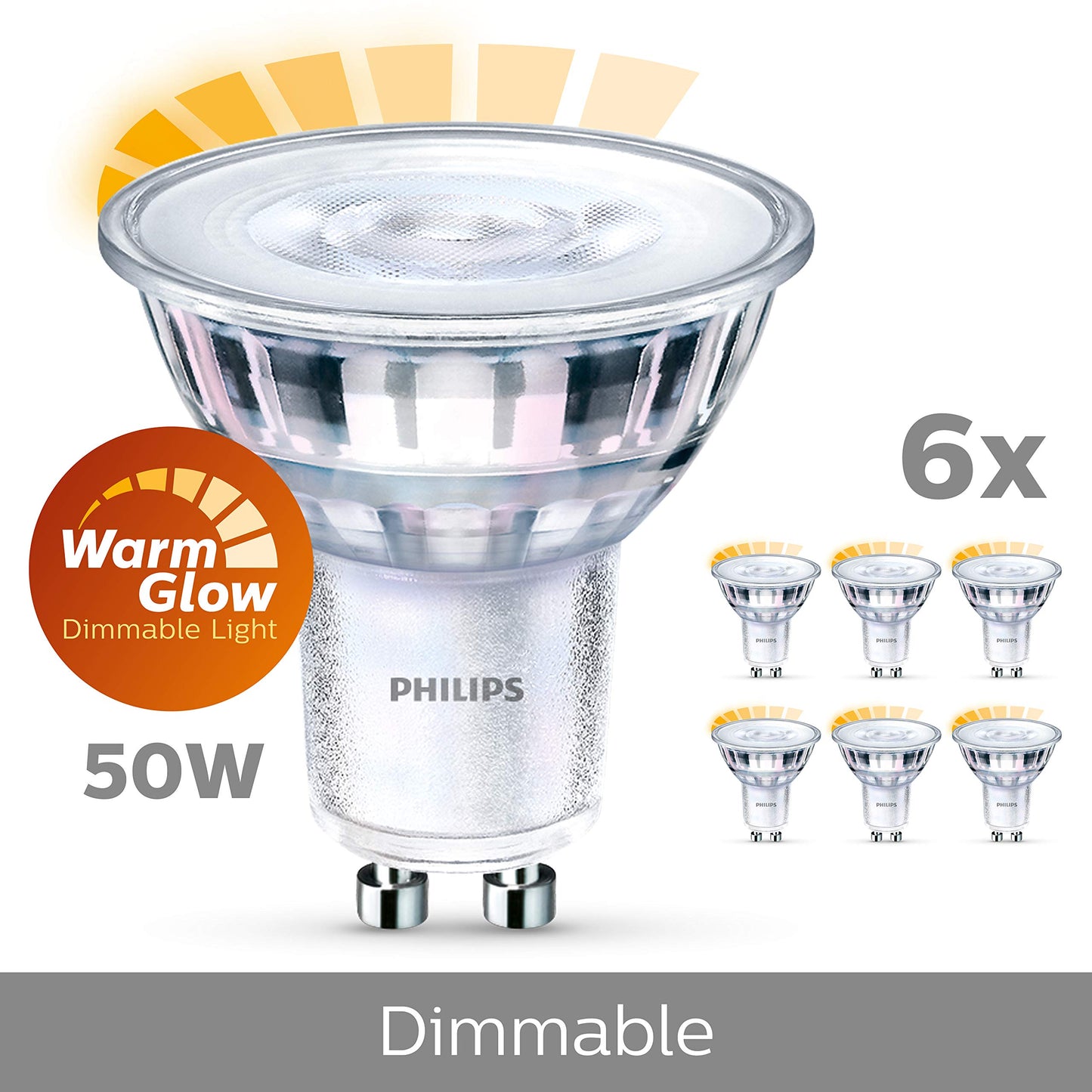 Philips Classic LED-ljuskälla, 50W, GU10, C90, varmvitt ljus, Warm Glow, 2000-2700 kelvin, 15 000 timmar, dimbar, 6-pack