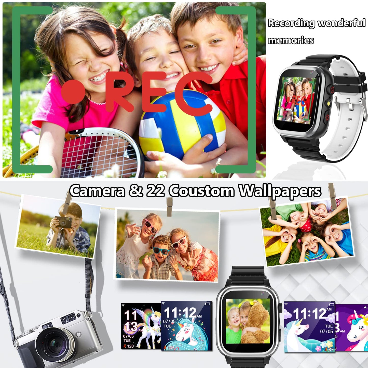 Kids Smartwatch - Volymjustering av Smartwatch för barn, 26 spel, stegräknare, musik, kamera, väckarklocka, ficklampa, presenter för barnklockor för pojkar och flickor 4-12 år (Black)