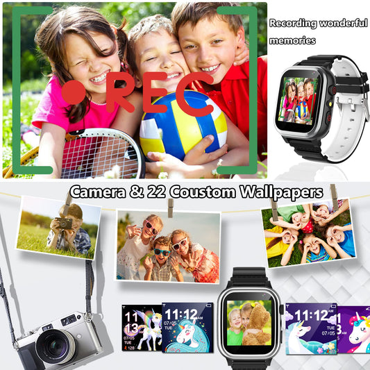Kids Smartwatch - Volymjustering av Smartwatch för barn, 26 spel, stegräknare, musik, kamera, väckarklocka, ficklampa, presenter för barnklockor för pojkar och flickor 4-12 år (Black)