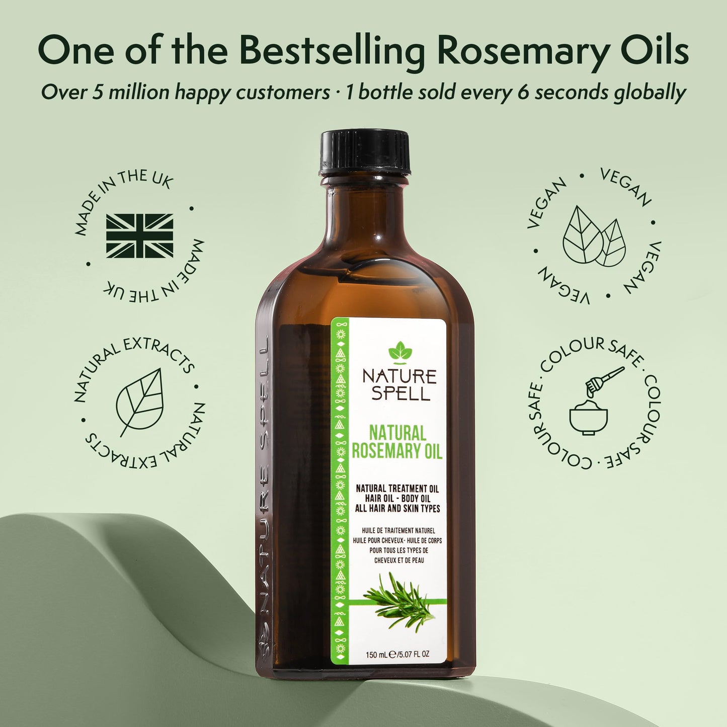 Nature Spell rosmarinolja för hår och hud 150 ml, rosmarinolja för hårväxt, behandla torrt skadat hår, mot håravfall, tillverkad i Storbritannien
