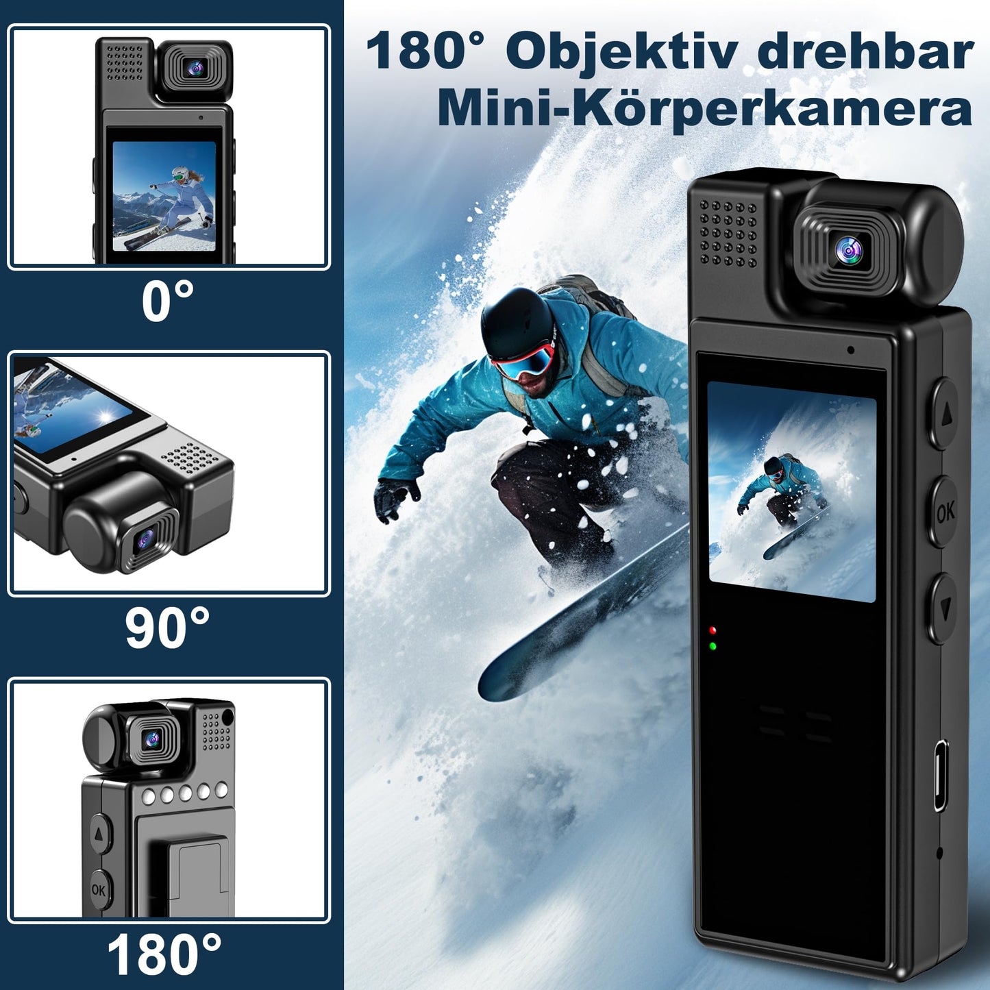 HD 1080P mini kroppskamera minikroppskamera 180° vridbar lins rörelsedetektering 6 timmars batteritid bärbar övervakningskamera, kroppskam för inomhus/utomhus sport cykling konferens