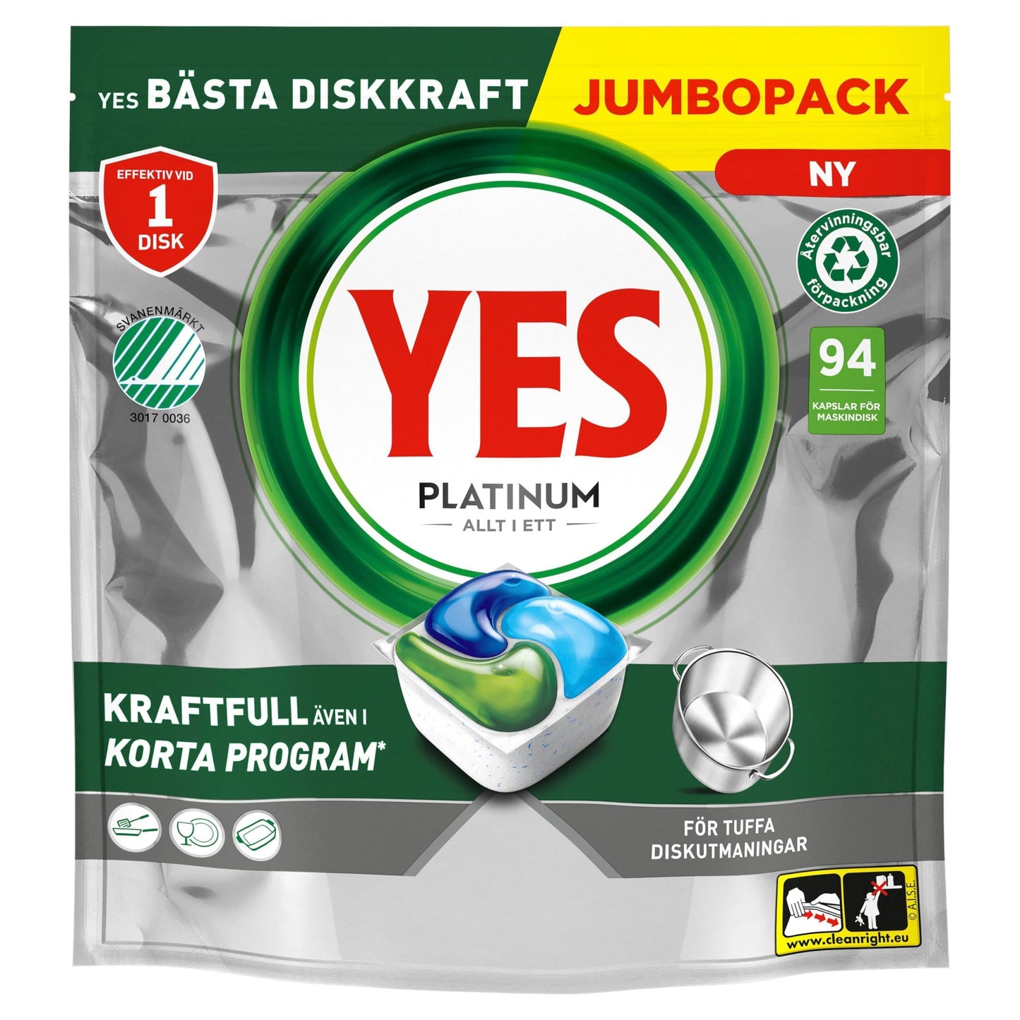 Yes Platinum All In One Maskindiskmedel, 94 Diskmaskinstabletter, För Tuffa Utmaningar, Rengör Till och med Flottiga Filter