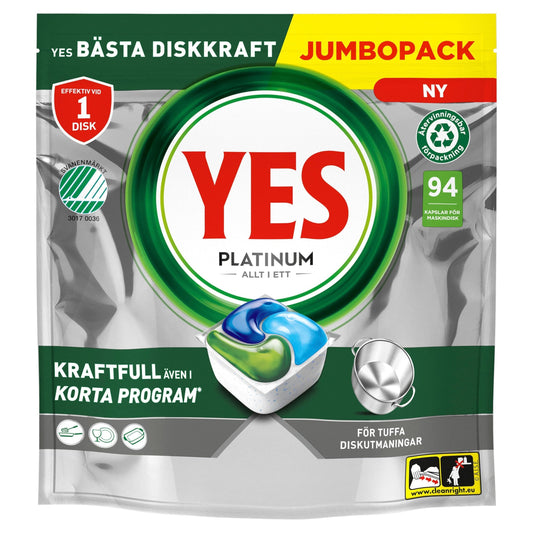 Yes Platinum All In One Maskindiskmedel, 94 Diskmaskinstabletter, För Tuffa Utmaningar, Rengör Till och med Flottiga Filter