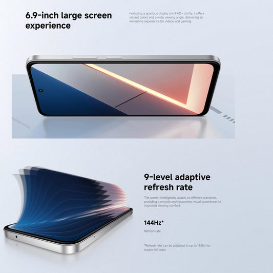 Xiaomi POCO M7, Smartphone 6+128 GB, 6,9 tums FHD+ 144 Hz skärm, Snapdragon 685, 50 MP AI dubbelkamera, 7000 mAh, silver, laddare ingår inte