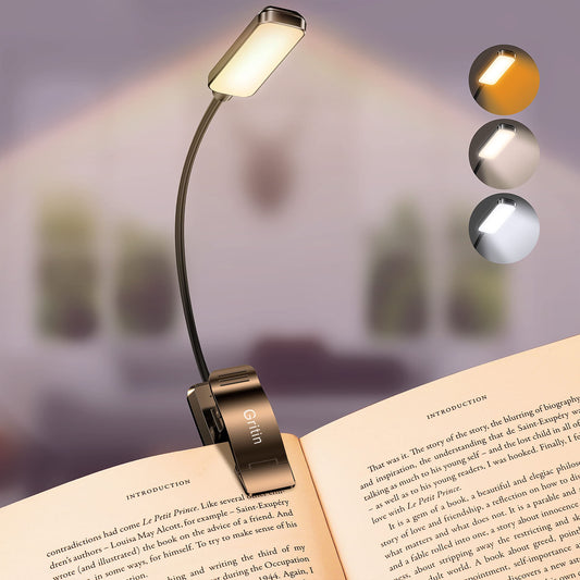 Gritin 9 LED Läslampa med Klämma, 3 Ögon Skyddande Lägen, Flexibel Boklampa (Varm- och Kallvit) - Steglös Dimning, Laddningsbar, Lång Batteritid, 4 Nivåers Strömindikator