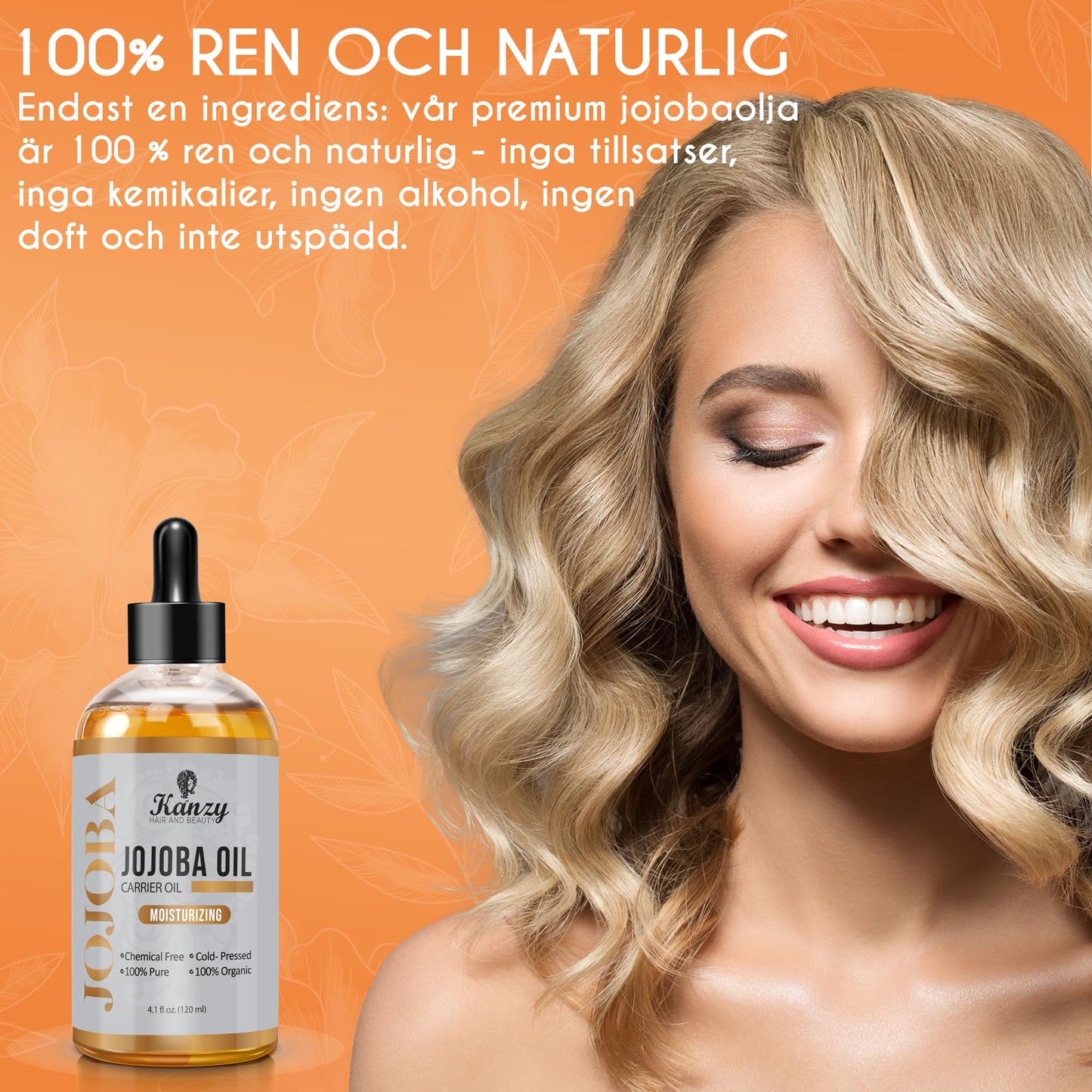 Kanzy Jojobaolja Ekologisk Kallpressad 100% Ren 120ml Hexanfri Bärarolja för Hår Naglar Kropp Hud & Ansikte Kroppsolja-Certifierad
