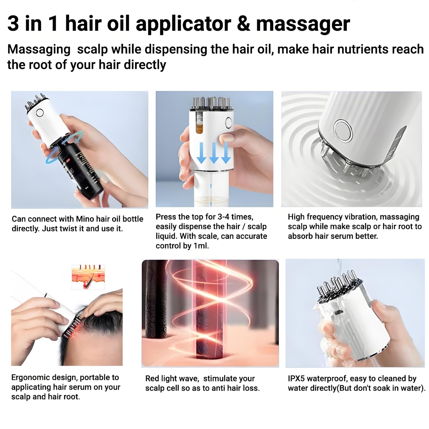 Zilynhom hårbottenmassageborste, anti-håravfall oljedispenser med vibrationer, 70 ml flaska, USB, gåva för kvinnor och män, hårolja applikator för minoxidil-hårväxtsserum, huvudmassageolja, rotkam