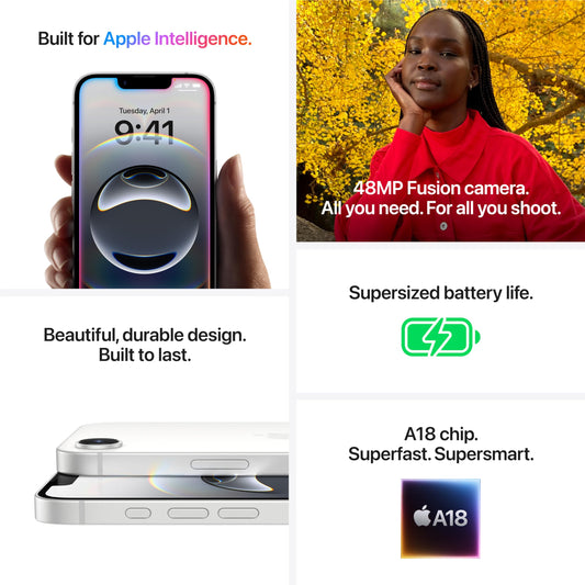 Apple iPhone 16e 128 GB: Byggd för Apple Intelligence, A18-chip, superlång batteritid, 48 MP Fusion-kamera, 6,1-tums Super Retina XDR-skärm – vit