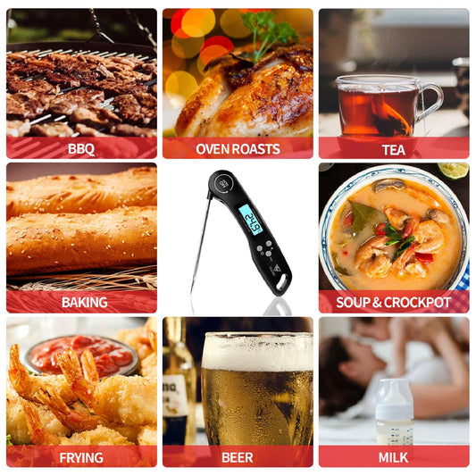 DOQAUS Kötttermometer Digital, 3s omedelbar läsning Matlagningstermometer, Vikbar Sond Grilltermometer med Hög Noggrannhet, Bakgrundsbelysning LCD-skärm, Automatisk på/av för Kök, Grill, Mjölk (svart)