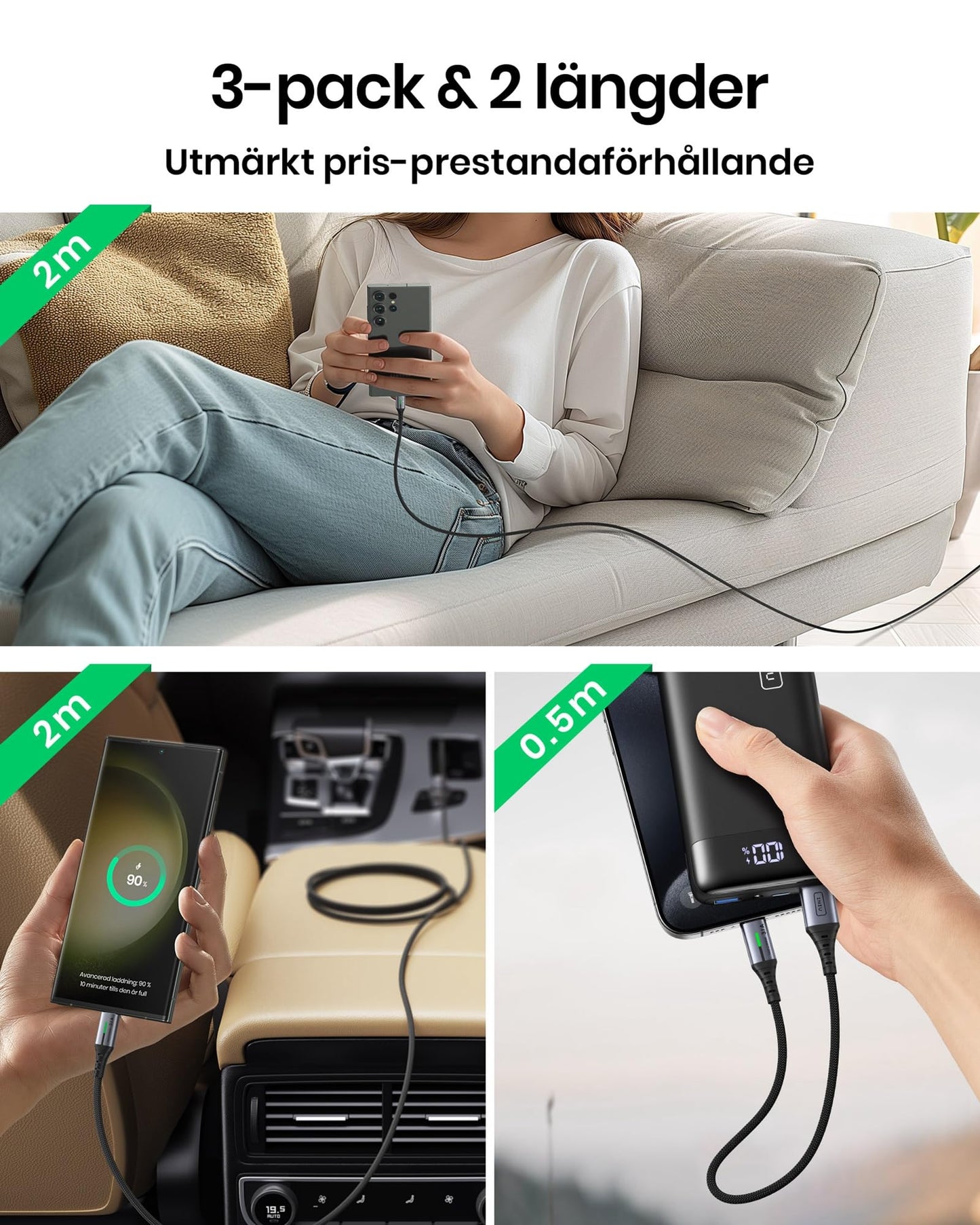 【3-Pack】INIU USB C-kabel, 3,1 A QC Snabbladdande USB-typ C-laddare, Zinklegering (1,6 + 6,6 + 6,6ft) Flätad Datakabel USB A till C Telefonladdare för iPhone 14 13 Samsung S22 S21 Xiaomi Huawei Google
