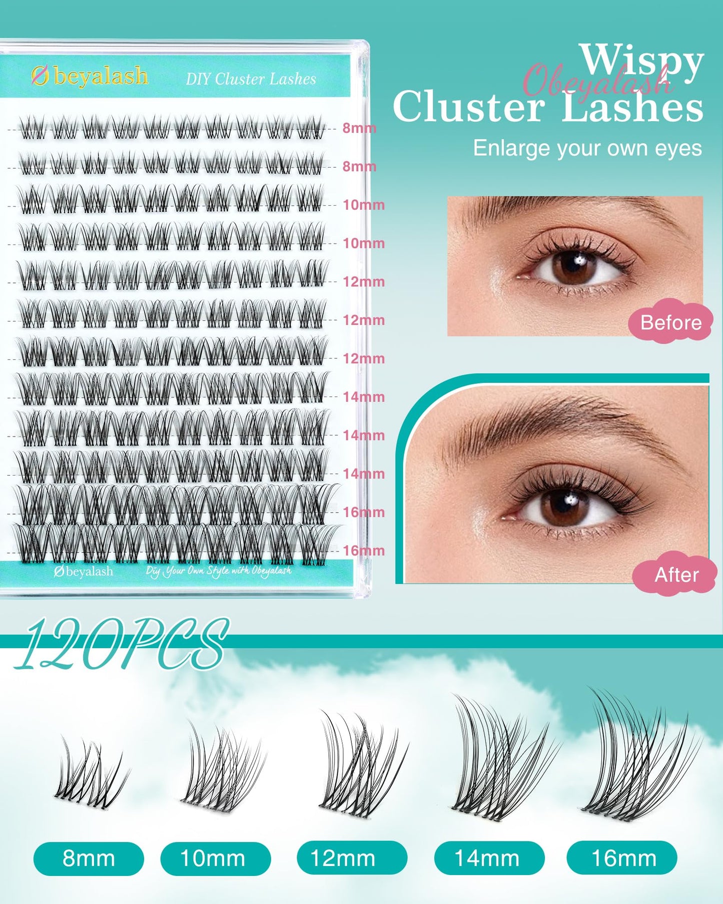 Obeyalash Förlängning ögonfransar Wispy C Curl falska ögonfransar enskilda kluster lashes kattöga 8–16 mm naturlig lash kluster naturlig look klar band DIY ögonfransar mjuka och bekväma förlängningar