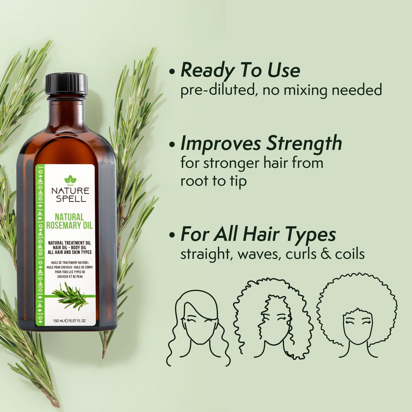 Nature Spell rosmarinolja för hår och hud 150 ml, rosmarinolja för hårväxt, behandla torrt skadat hår, mot håravfall, tillverkad i Storbritannien