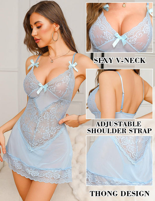 Tuopuda Negligé för damer, sexiga underkläder, babydoll-nattkläder, klänning, V-ringad, nattlinne med spets, set med sexiga underkläder med G-string