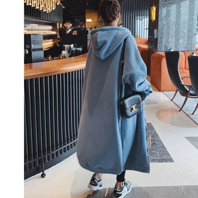 Løstsiddende plus-size pullover med hætte, fleecefor, tyknet, lang model, lynlås, cardigan-kjole i Hong Kong-stil