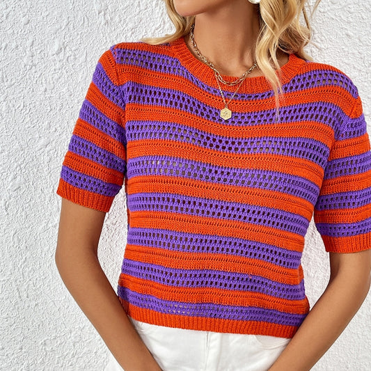 Hooded Striped Fashionable Short Sleeved Patchwork Women's Knitted Sweater