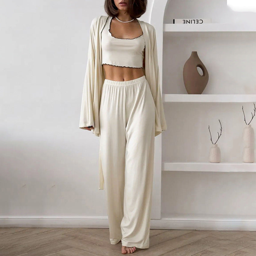 New European And American-style Knitted Milk-silk Ruffled-edge Pajama Set 3 Pieces