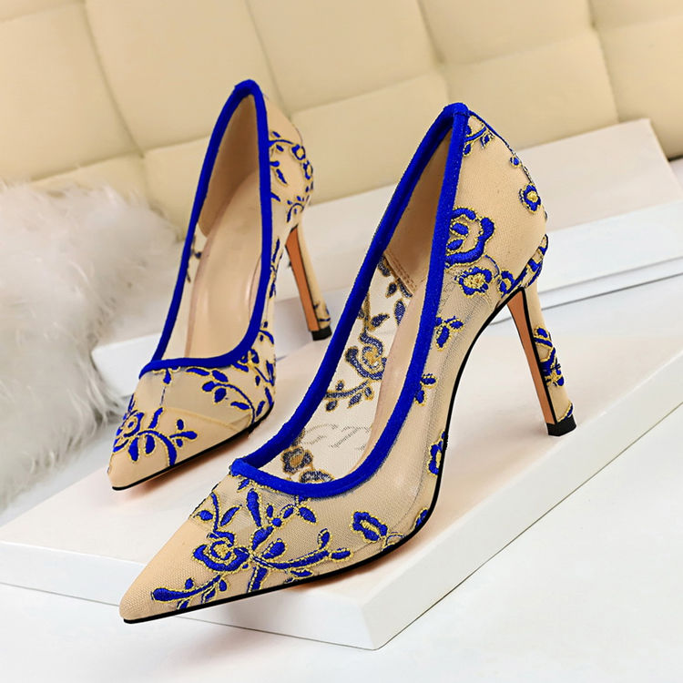 Shallow High Heels Stiletto Pointed Flower Mesh Lace All-match Single Shoes