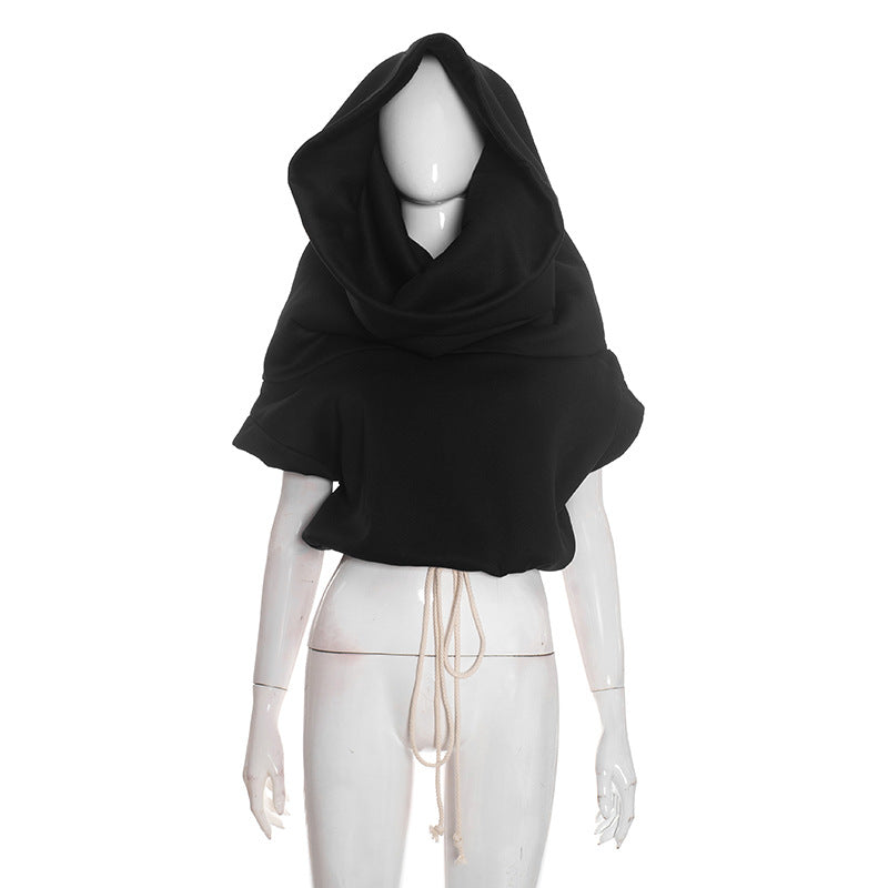 Womens Casual Oversized Collar Sleeveless Drawstring Hooded Sweatshirt