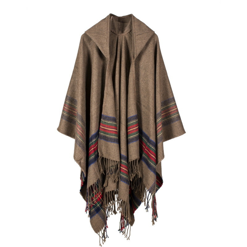 Keep warm by adding a stylish hooded cape