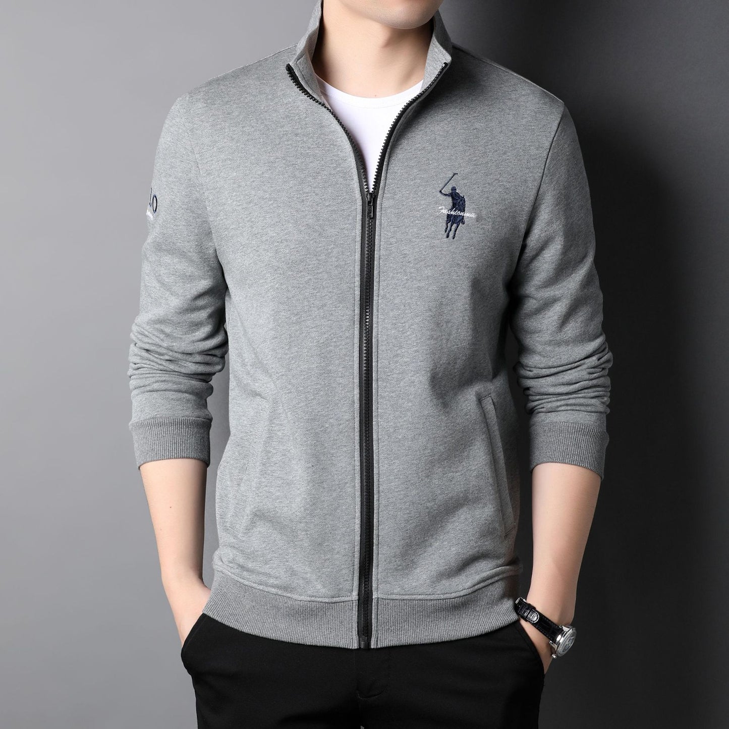 Men's Cotton Casual Embroidered Zip Jacket