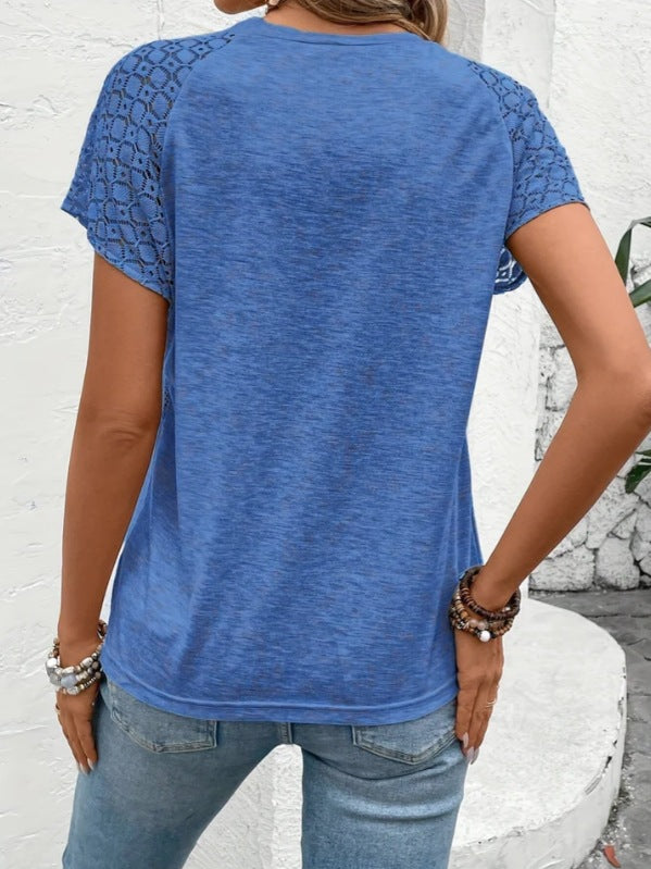 Damer Blonde-Patchwork T-shirt med Rund Hals