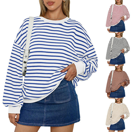 Dame farverig stribet sweatshirt med rund hals og løs pasform