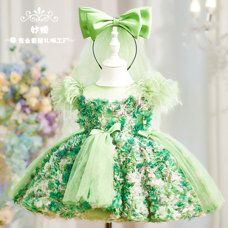 Green Fairy Princess Dress For Kids Ultra-Fairy Puff-Sleeve Birthday Party Tutu Gown